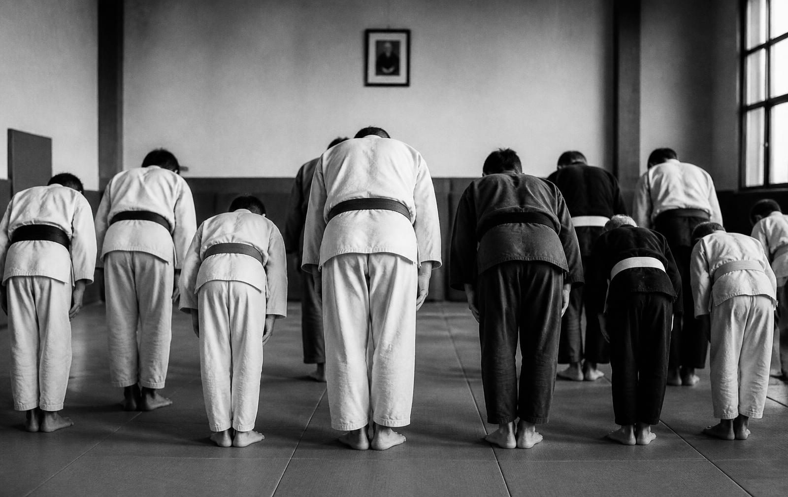 Alunos de várias idades em saudação no início da aula